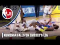 Joel Embiid leaves game after Jonathan Kuminga falls on his left leg NBA on ESPN