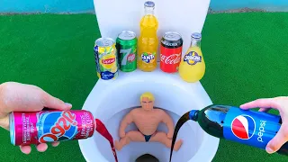 Experiment !! Stretch Armstrong VS Cola, Sprite, Fanta, Pepsi, Balloons and Mentos in Toilet