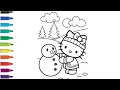 Hello kitty with Cute Snowman Winter Coloring Page for Kids Easy Snow painting Drawing