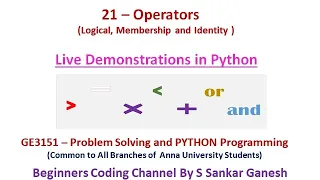 Operators in Python Logical Membership Identity Program Examples GE3151-PSPP Tamil 21