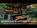 Modern Rustic Outdoor Kitchen Design with Concrete Wood in Tropical-Inspired Backyard Retreats