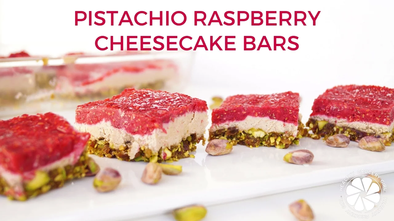 Pistachio Raspberry Cheesecake Bars   Collab with The Girls With Glasses   Healthy Grocery Girl