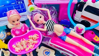 8 minutes satisfying with unboxing barbie doll family playset cute pinkfong ambulance car toys asmr