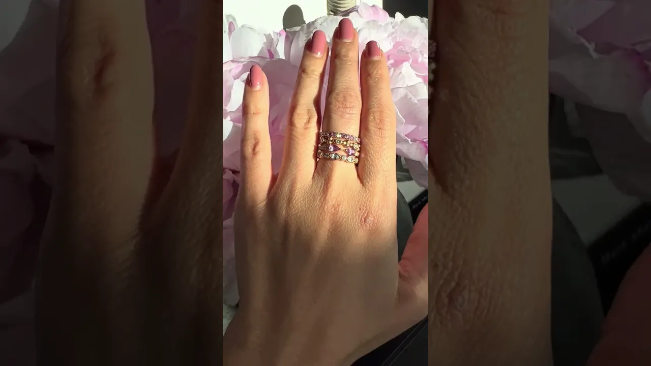 14K Gold diamond and Pink Sapphire Open Cuff Stackable Ring