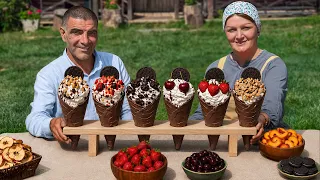Creamy Ice Cream in Chocolate Cones with Caramel Nuts!