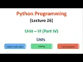 Python Programming JNTUA UNIT 3 Lists Lecture 26