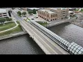4K drone footage of Downtown Waterloo Iowa Cedar river bridges Waterloo Center for the Arts
