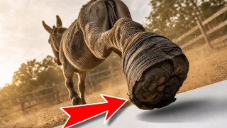 This donkey has huge hooves; watching it have its hooves trimmed is quite relaxing.