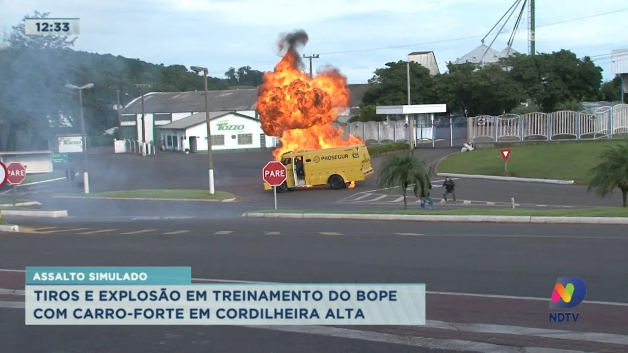 Assalto simulado: Tiros e explosão em treinamento do Bope com carro-forte em Cordilheira Alta