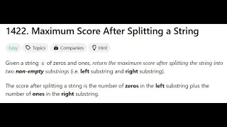 Maximum Score After Splitting a String - Leetcode 1422