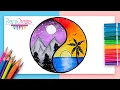 Como dibujar un PAISAJE DIA Y NOCHE con lapices de colores - ideas de dibujos faciles