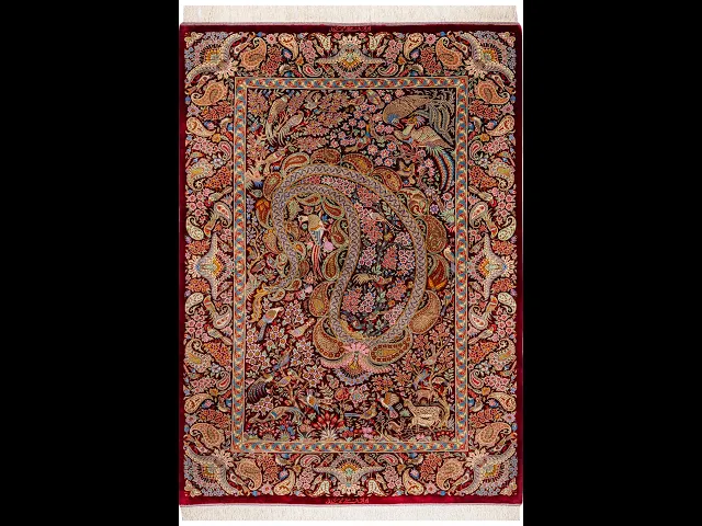 ミルメヒディ工房 大螺旋ペイズリー（鳳凰と小鳥）マルーン×多彩 107×155cm (ID18009)
