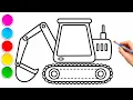 Excavator Coloring Page for Kids Learn Colors with Cute Digger Drawing