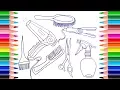 How to Draw Accessories for Hair Coloring Pages Set Barber Comb Hairdryer Brush Scissors