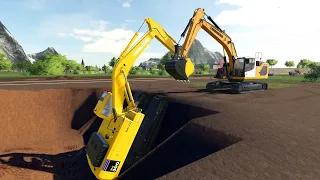LIEBHERR Excavator Rescues Fallen KOMATSU Out Of Deep Mud Hole! [Farming Simulator 19]