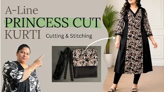 A-Line Princes Cut Kurti Cutting and Stitching in detail | How to make princess cut a-line kurti.