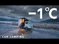 Winter. Car camping. Freezing rain on a freezing morning. DIY light truck camper.