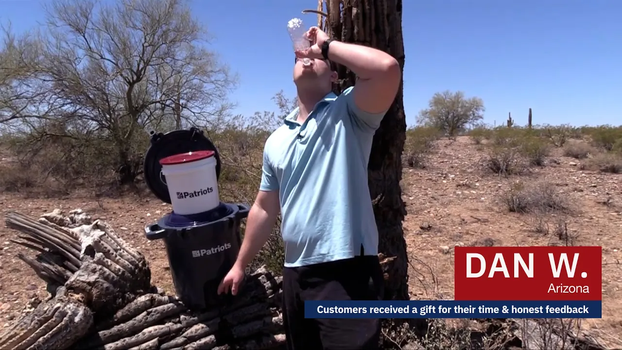 Dan W. from Arizona puts the 4Patriots Outdoor Filtration System to the test in a rugged desert setting, showcasing its ability to deliver clean drinking water during emergencies or off-grid adventures. Ideal for preppers, campers, and anyone needing reliable outdoor water filtration.
