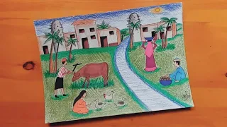 رسم ريفي رسم منظر ريفي رسم قريه رسم حياة الريف Rustic Drawing Drawing Village 