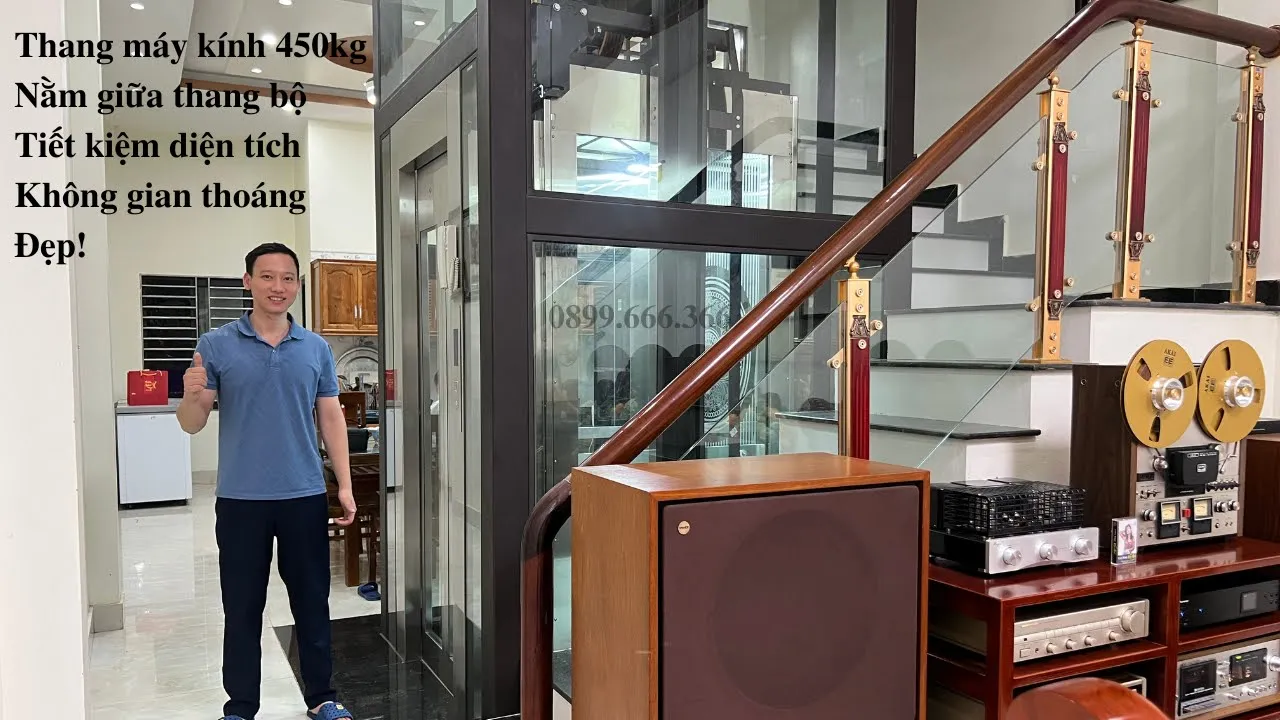Outline Video Chia sẻ thang máy kính gia đình 450kg tiết kiệm diện tích, không gian thoáng đẹp