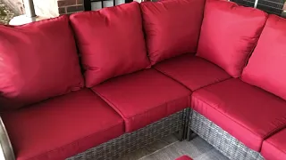 Hampton Bay Windsor 4-Piece Brown Wicker Outdoor Patio Sectional Sofa w Ottoman Chili Red Cushions