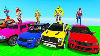 SUPERHERO Cars Challenge on DOWNHILL Ramp ! SPIDERMAN Hulk Iron Man and Race Cars JEEP Stunt - GTA 5