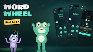Crick cheering beside three Luma Words screens: a four-letter word wheel, a half-filled grid and a Pure Genius level-complete card.
