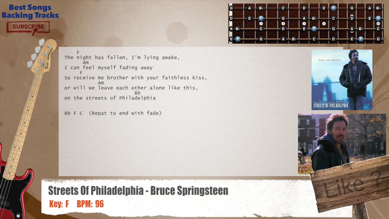 🎻 Streets Of Philadelphia - Bruce Springsteen Bass Backing Track with chords and lyrics