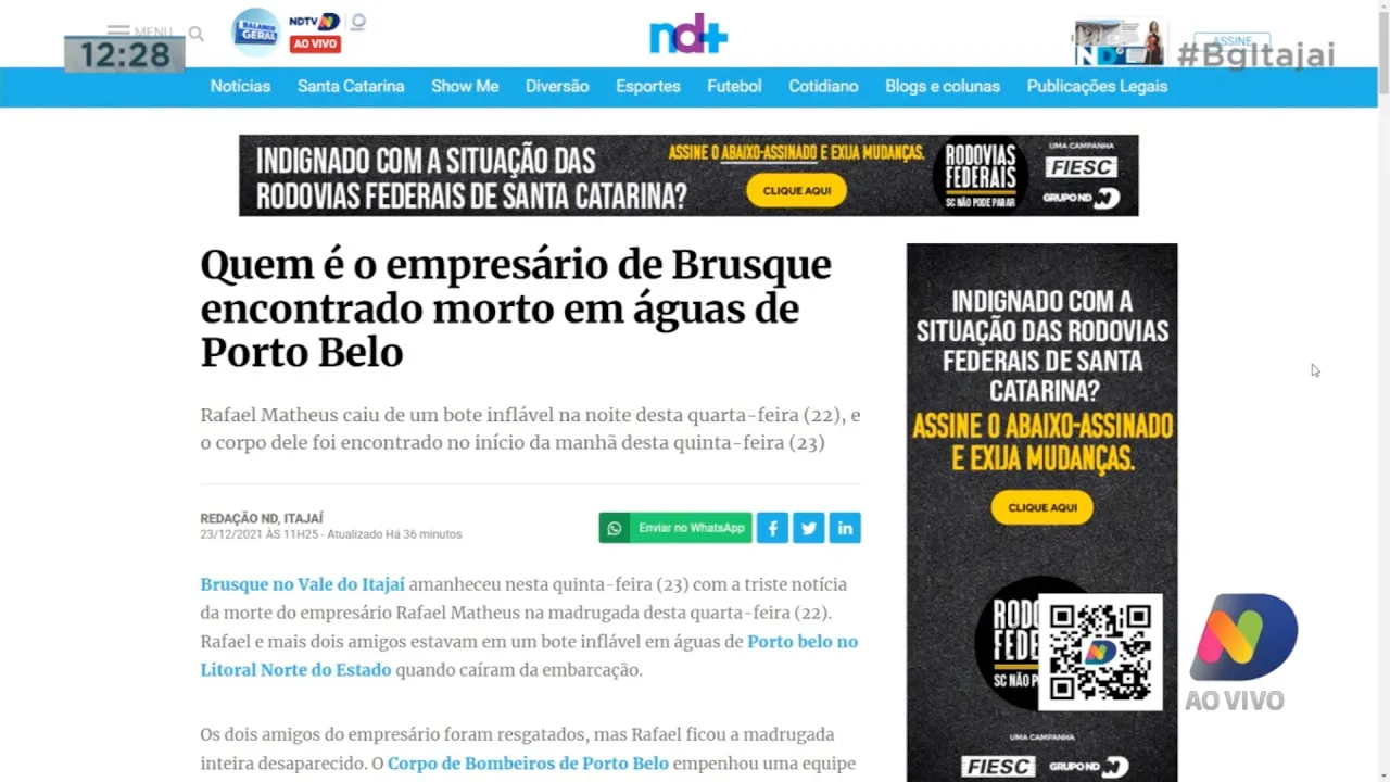 Empresário de Brusque cai de bote no mar e morre afogado, e fiscalização na praia do Caixa d`Aço