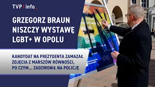 Grzegorz Braun niszczy wystawę LGBT+ w Opolu