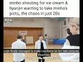 Minho (Lee Know) screaming Ice Cream and Hyunjin just wanting to take a picture of Minho (lee Know)
