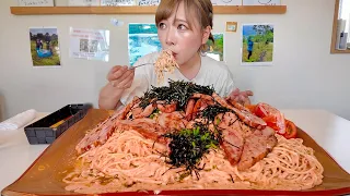 【大食い】ナンバーワンこってりパスタ⁉️控えめに巨大明太クリームパスタ頼んだら結局食べすぎました【海老原まよい】
