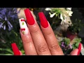 how to do matte red coffin acrylic nails with cherry design