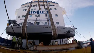 Nerve Wracking! We watch as our home is lifted onto a yacht transport ship by a huge crane! Ep. 115
