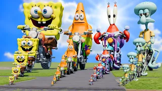 Big & Small: SpongeBob vs Patrick vs mrKrabs vs Squidward on a motorcycle vs Trains | BeamNG.Drive