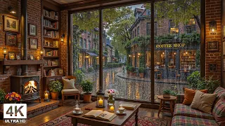 Rainy European Coffee Shop ☕ Smooth Jazz & Fireplace Ambience for Deep Focus and Relaxation