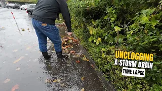 #078-2 - Time Lapse - Unclogging a storm drain on a parking space after rain in Germany