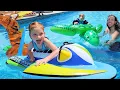 FAMiLY POOL PARTY Adley Niko Water Slide on inflatable Animals Swimming in new AforAdley merch