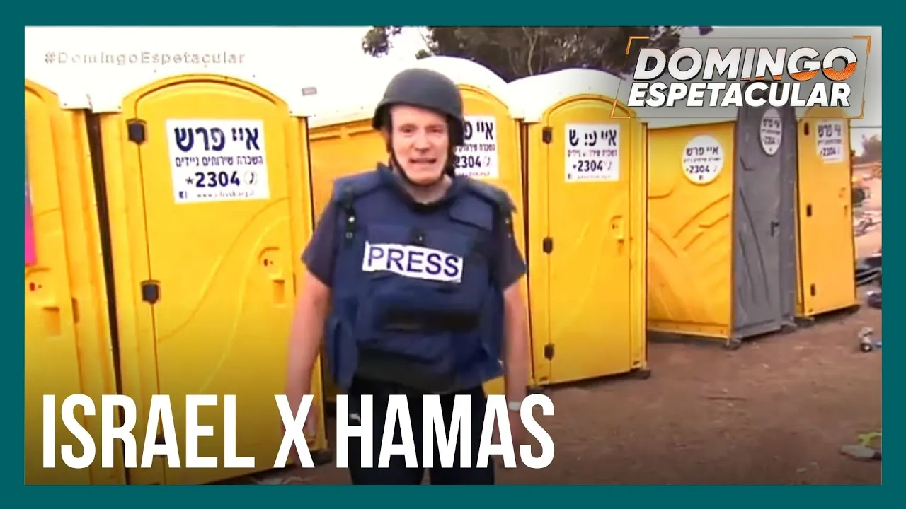 Roberto Cabrini entra no local da festa invadida por terroristas do Hamas em Israel