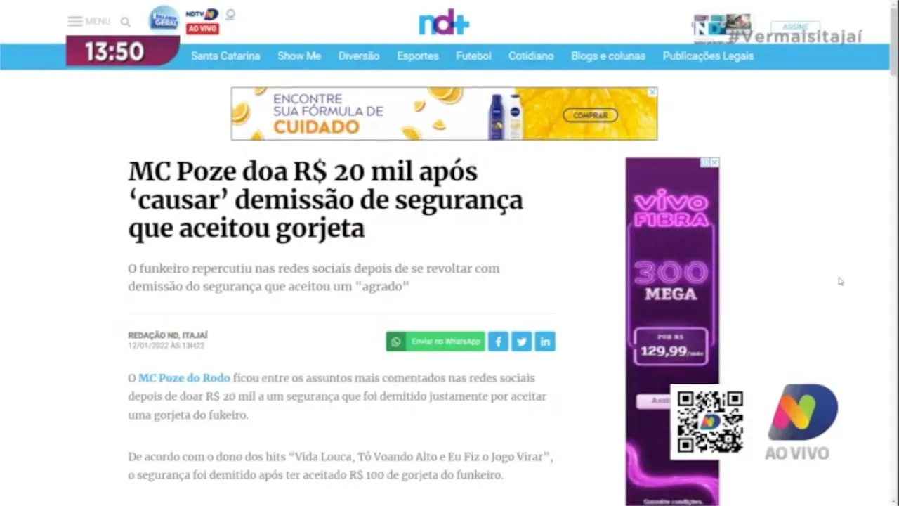 MC Poze doa 20 mil reais para um segurança de condomínio que foi demitido