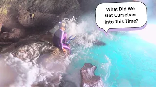 DANGEROUS WAVES IN ROCKY DUNDAS CAVES – EXUMAS BAHAMAS