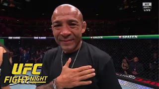Jose Aldo makes his final walk to the Octagon leaves his gloves at UFC Rio ESPN MMA