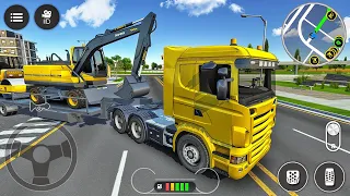 transporting heavy excavator to construction site long trailer truck driving android gameplay