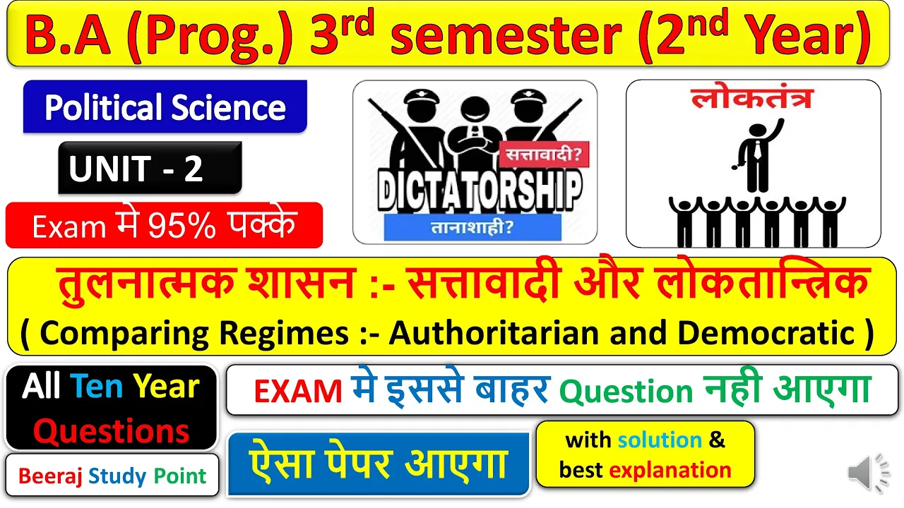 B.A Programme 3rd Semester Political Science Unit-2| तुलनात्मक शासन :- सत्तावादी और लोकतान्त्रिक | 💯