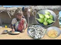 90 year old widow poor grandma cooking SMALL FISH with BRINJAL with rice eating rural poor life