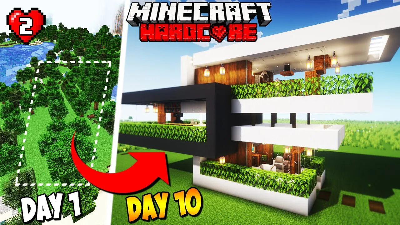 I Build a Modern House in HARDCORE Minecraft in 10 Days