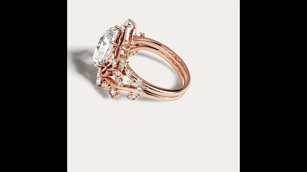 Elaine丨Marquise Cut Lab Diamond Ornate Botanical Engagement Ring Set