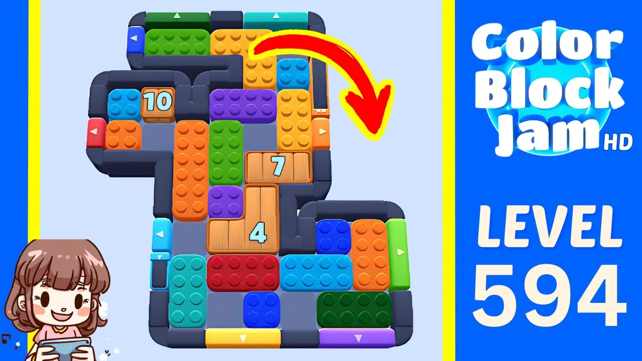 Color Block Jam Level 594 2:35 staggered board with 10-7-4 countdowns opening frame