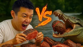 人跟鱷魚比賽吃肉！誰比較厲害？Humans and crocodiles compete in meat-eating! Who wins?