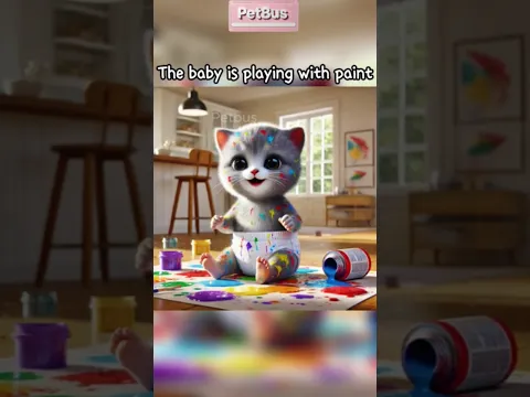 A Cat Playing with Paint at Home #cat #cute #animation #animals